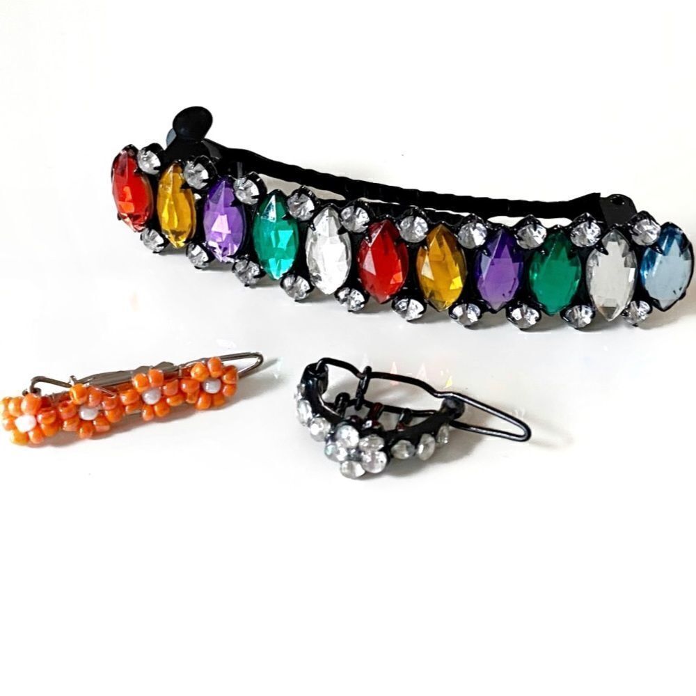 True Vintage Babely 1970’s Funky Rainbow Flower Power 3 Piece Hair Clip Bundle